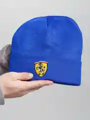 Синий бини шапка Ferrari трикотажная утепленная с подворотом. Феррари зимняя с логотипом авто