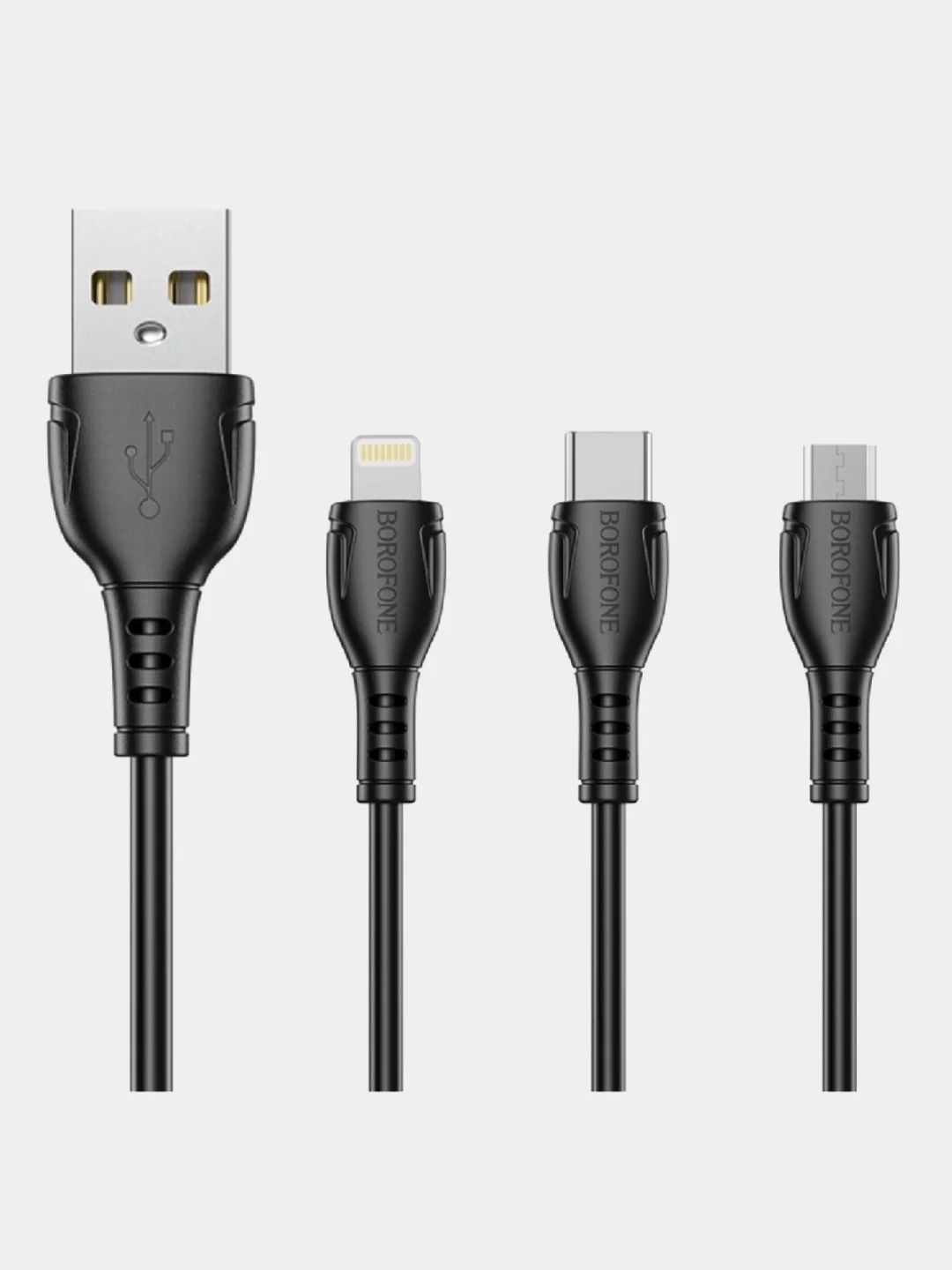 Черный кабель зарядный Type-C 3.0A/Lightning для iPhone 2.4A/Micro-USB 2.4A, для Android, 1 м
