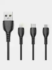 Черный кабель зарядный Type-C 3.0A/Lightning для iPhone 2.4A/Micro-USB 2.4A, для Android, 1 м