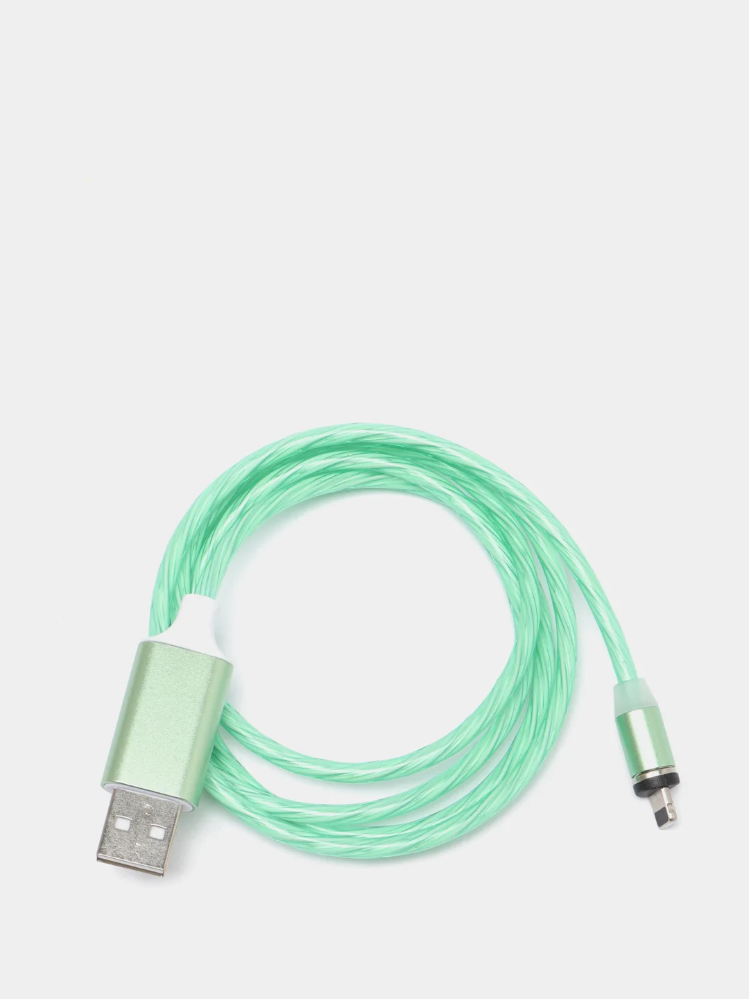 Зеленый кабель магнитный, светящийся 2.1А+магнитный коннектор (micro usb, Apple lightning, type c)