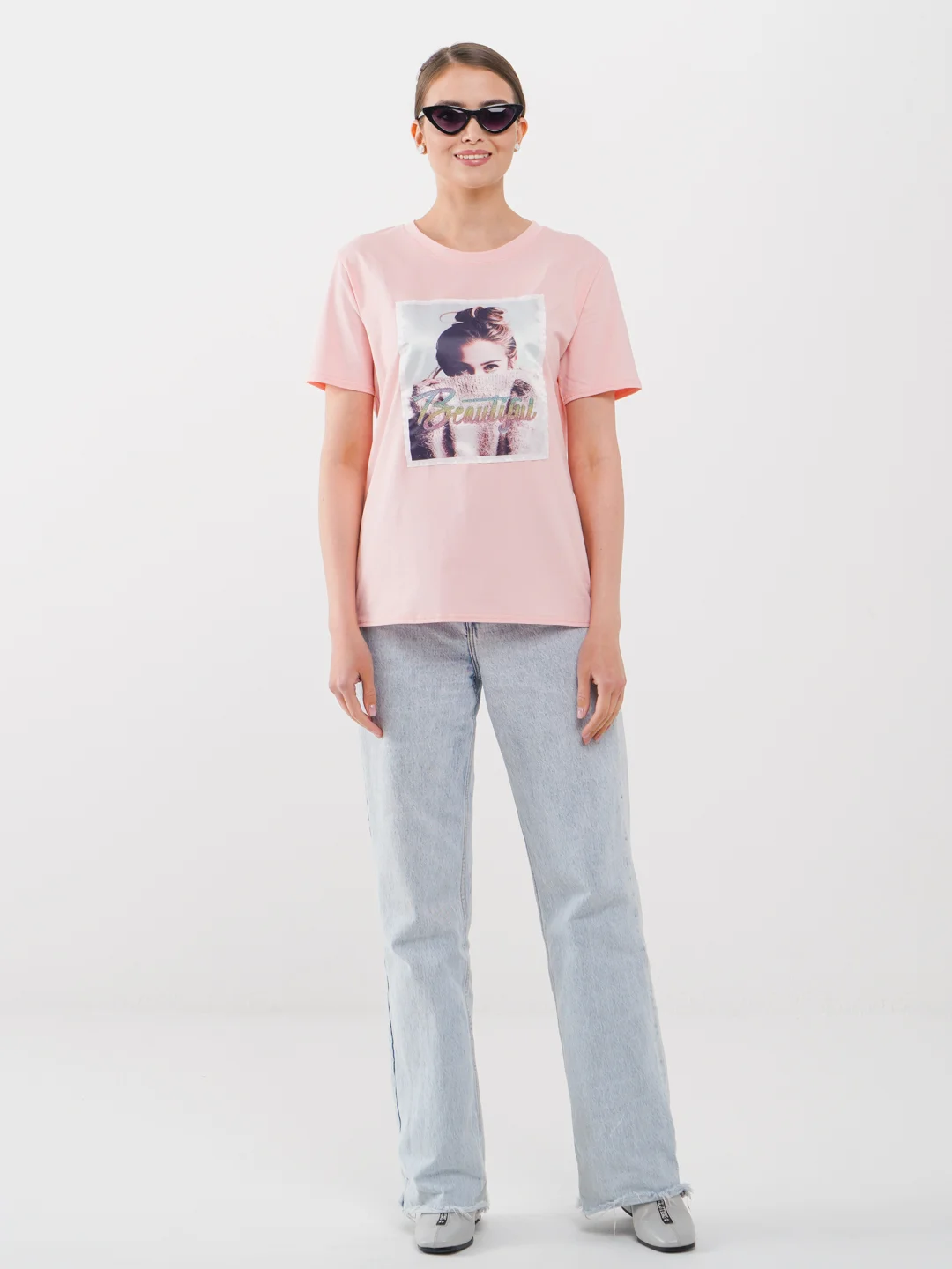 Розовый футболка женская с принтом, Oversize, премиальный хлопок