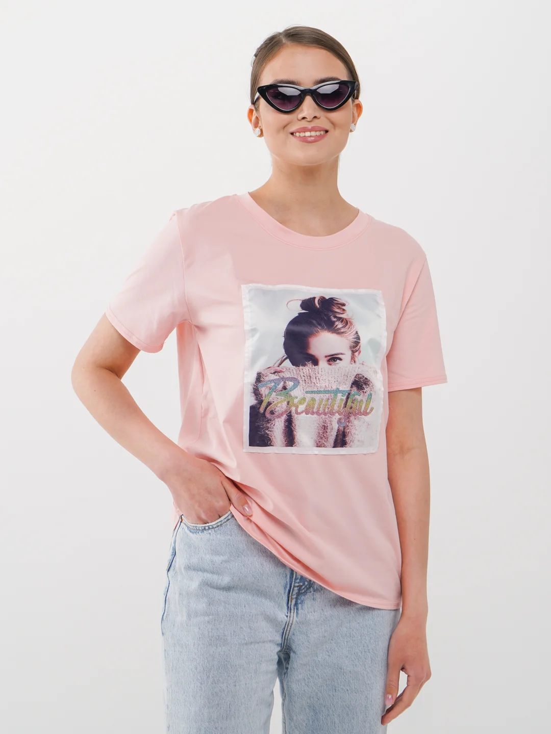 Розовый футболка женская с принтом, Oversize, премиальный хлопок