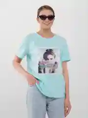 Бирюзовый футболка женская с принтом, Oversize, премиальный хлопок