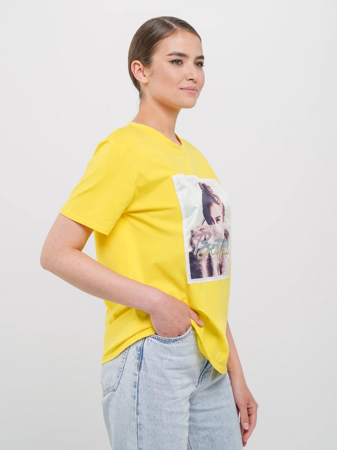 Желтый футболка женская с принтом, Oversize, премиальный хлопок