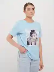 Голубой футболка женская с принтом, Oversize, премиальный хлопок