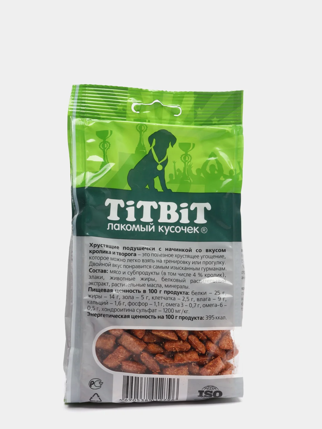 Лакомство для щенков TiTBiT, хрустящие подушечки со вкусом кролика и творога, 95г