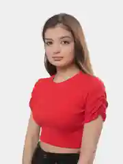 Красный топ женский, в рубчик, с коротким рукавом "Фонарик"