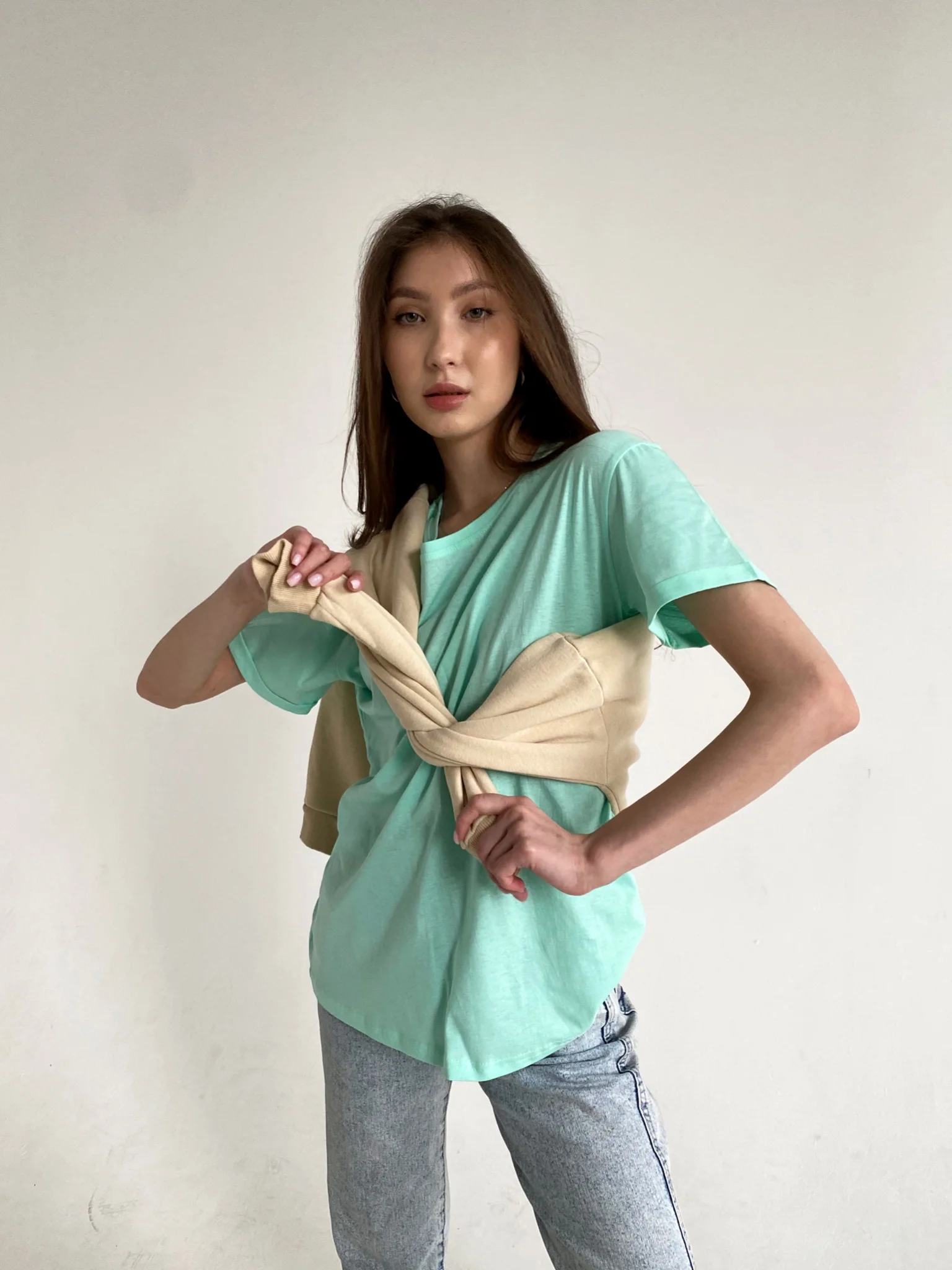 Мятный футболка женская Basic, базовая, однотонная, оверсайз