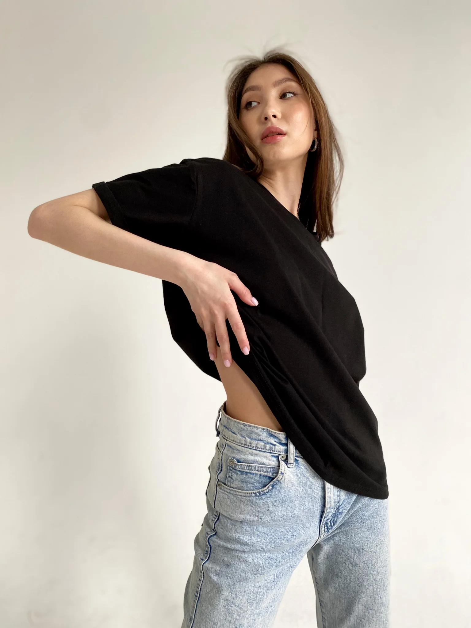 Черный футболка женская Basic, базовая, однотонная, оверсайз