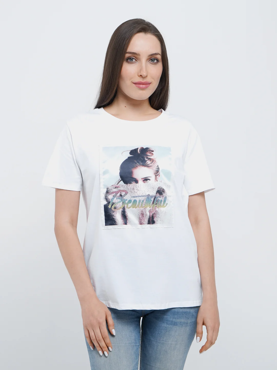 Белый футболка женская с принтом, Oversize, премиальный хлопок
