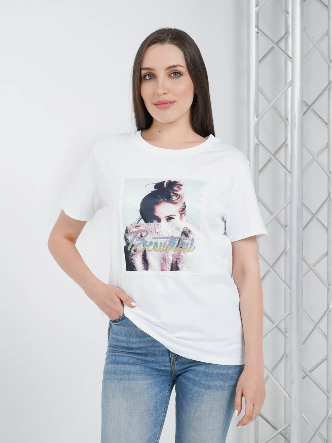 Белый футболка женская с принтом, Oversize, премиальный хлопок