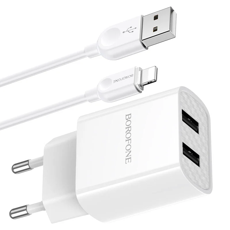 Белый сетевое зарядное устройство Borofone BA53A 2xUSB с кабелем (1m, Micro-USB/Type-C/iPhone)