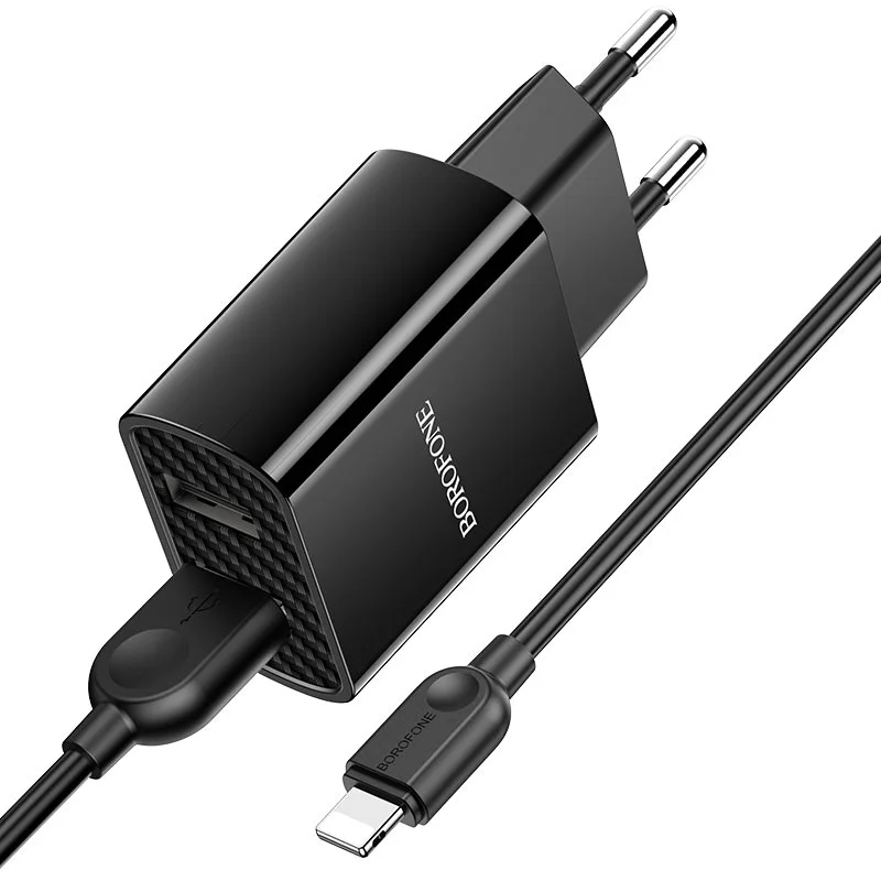 Черный сетевое зарядное устройство Borofone BA53A 2xUSB с кабелем (1m, Micro-USB/Type-C/iPhone)