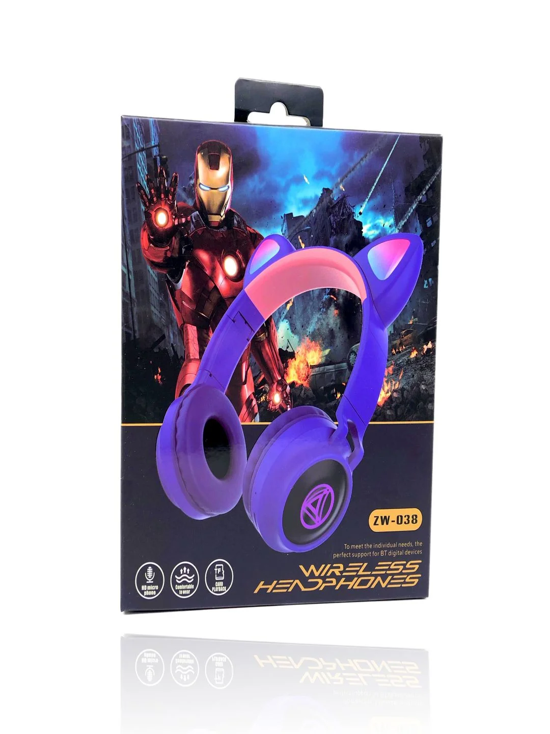 Фиолетовый беспроводные детские наушники со светящимися ушами Wireless Headphones ZW-038