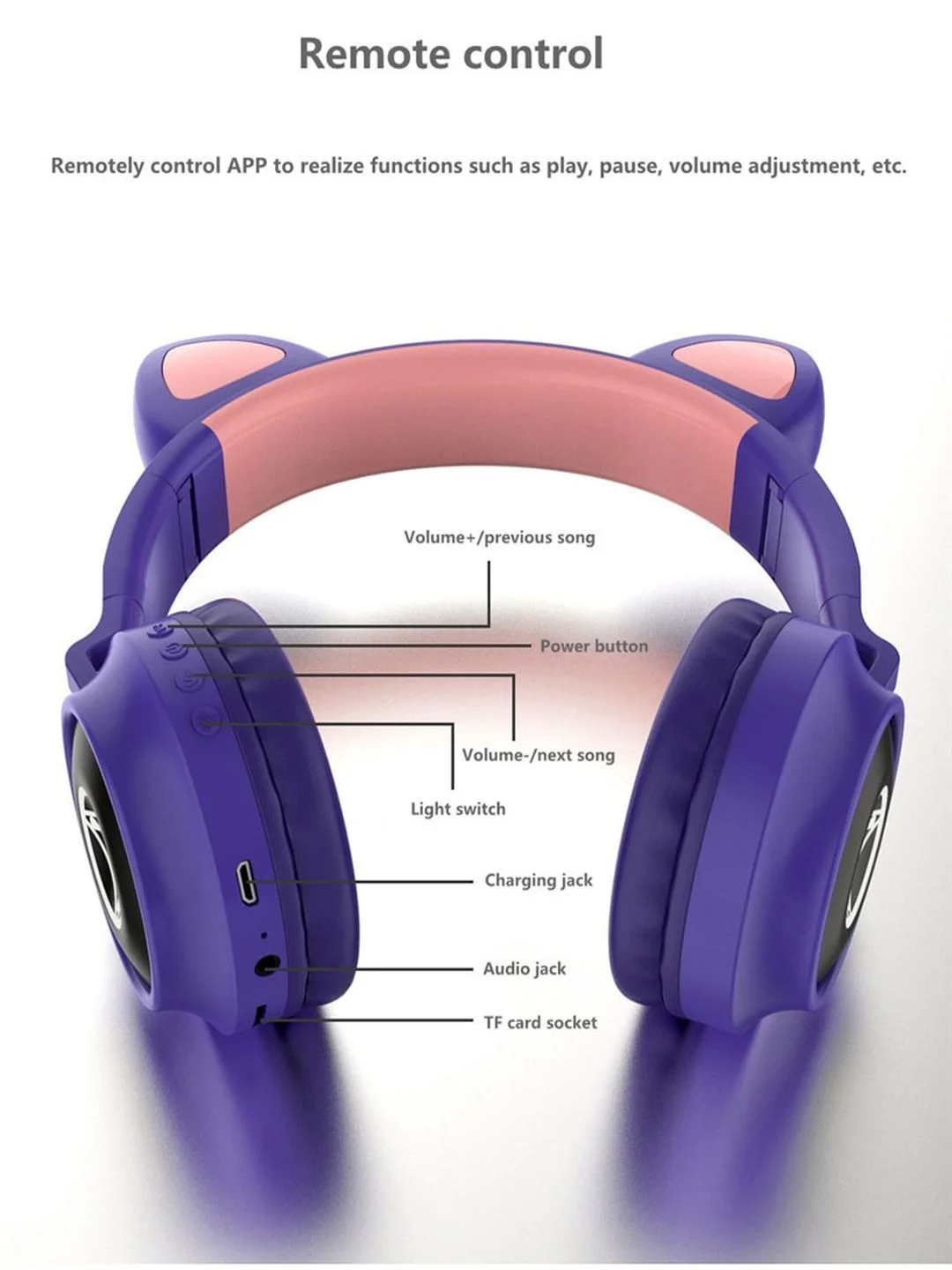 Фиолетовый беспроводные детские наушники со светящимися ушами Wireless Headphones ZW-038