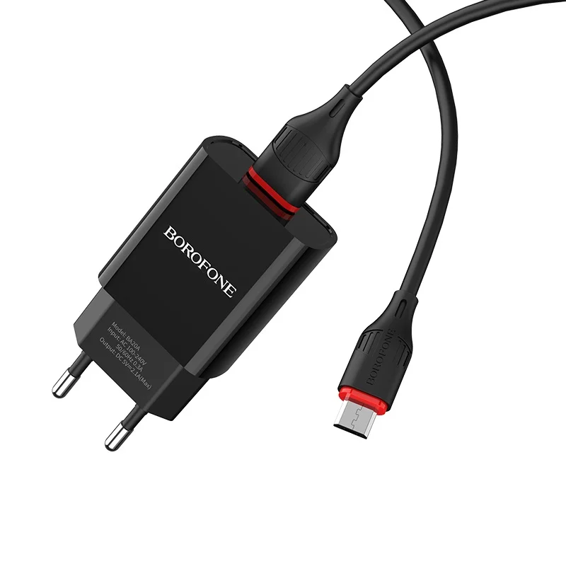 Черный сетевое зарядное устройство Borofone BA20A 1xUSB до 2.1А кабель Micro-USB/Type-C/Lightning