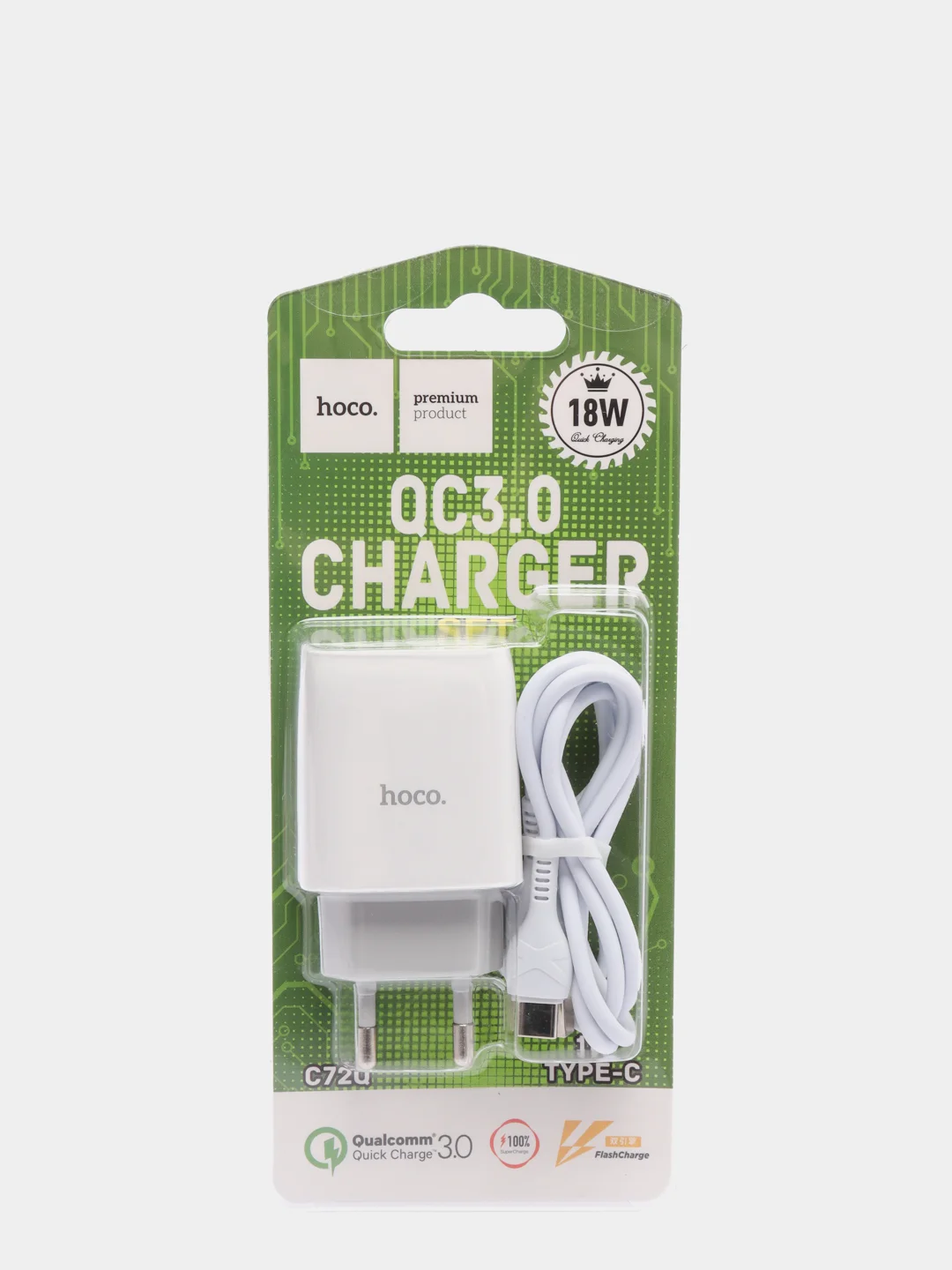 Белый зарядное устройство с быстрой зарядкой и кабелем Type-С Hoco C72Q Glorious QC3.0
