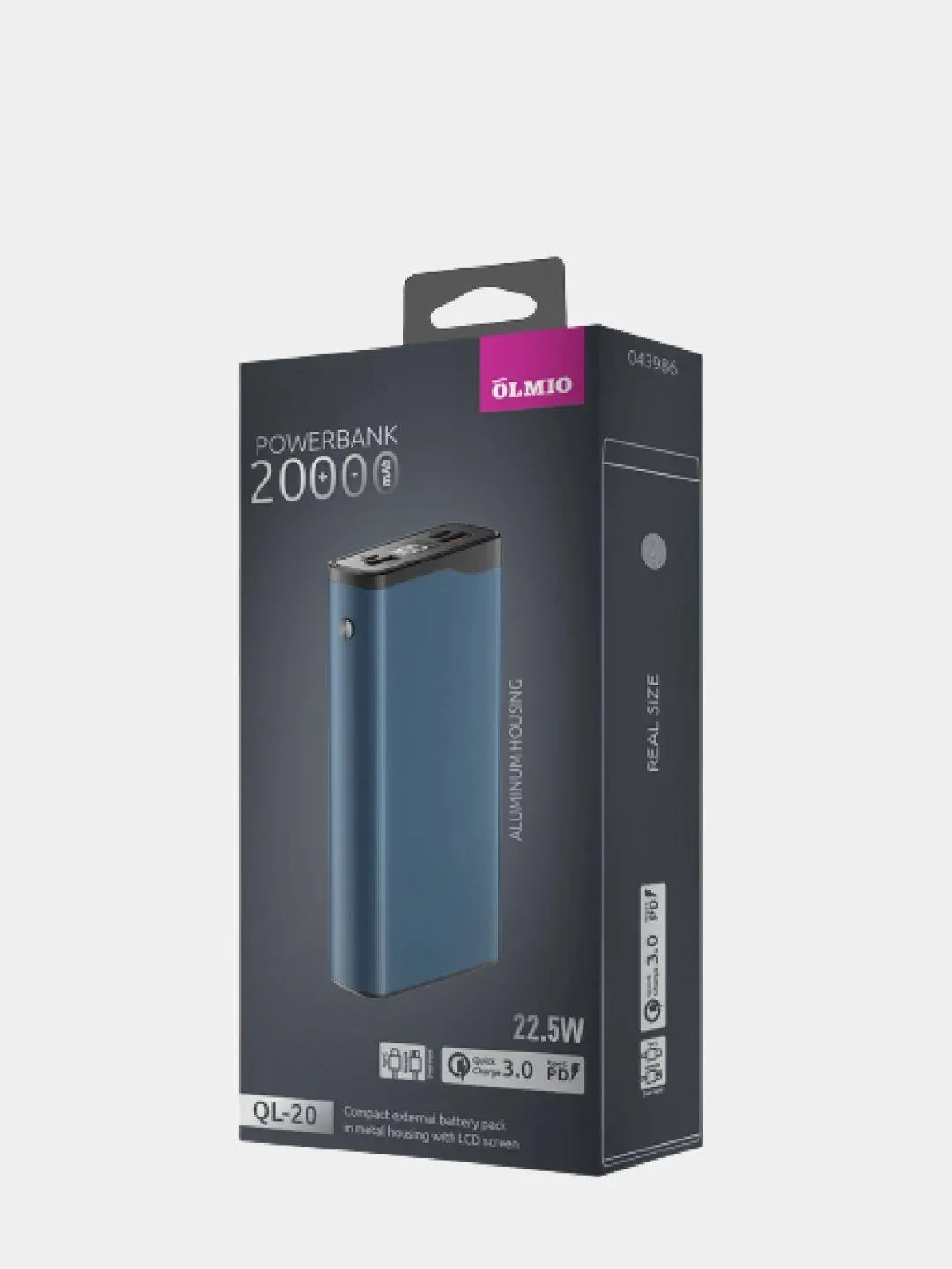 Синий внешний аккумулятор с быстрой зарядкой OLMIO QL-20, 20000mAh, 22.5W, QuickCharge 3.0