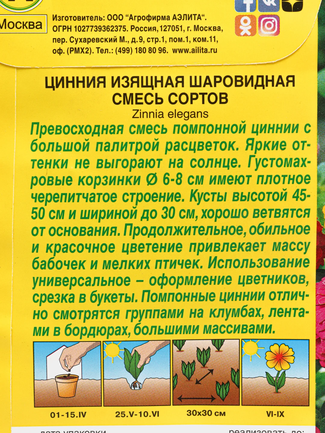 Семена цветов Цинния однолетник "Шаровидная" смесь окрасок