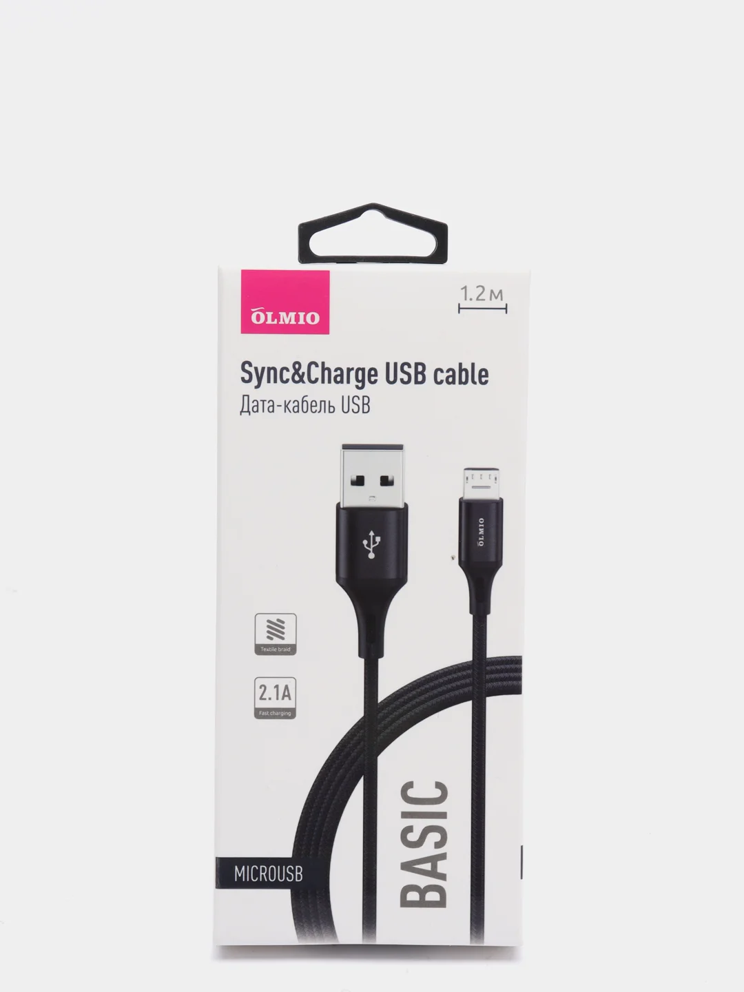 Черный кабель текстильный Olmio Basic, c быстрой зарядкой, micro USB, 1,2 м, 2,1 A