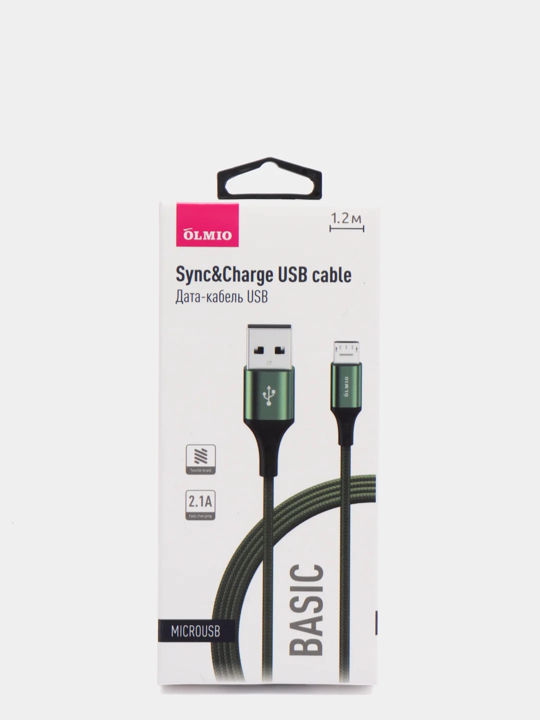 Зеленый кабель текстильный Olmio Basic, c быстрой зарядкой, micro USB, 1,2 м, 2,1 A