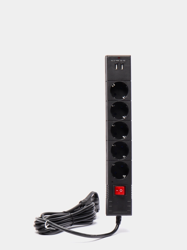 Сетевой фильтр duwi 5 гнезд  с заземл. ПВС 3*0,75 3м, 10А/2,2кВт   2USB черный 32593 2