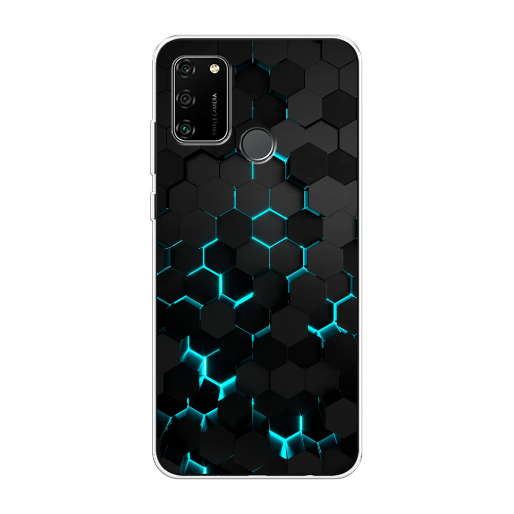Бирюзовый силиконовый чехол на Honor 9A / Хонор 9А прозрачный, с рисунком, защита камеры