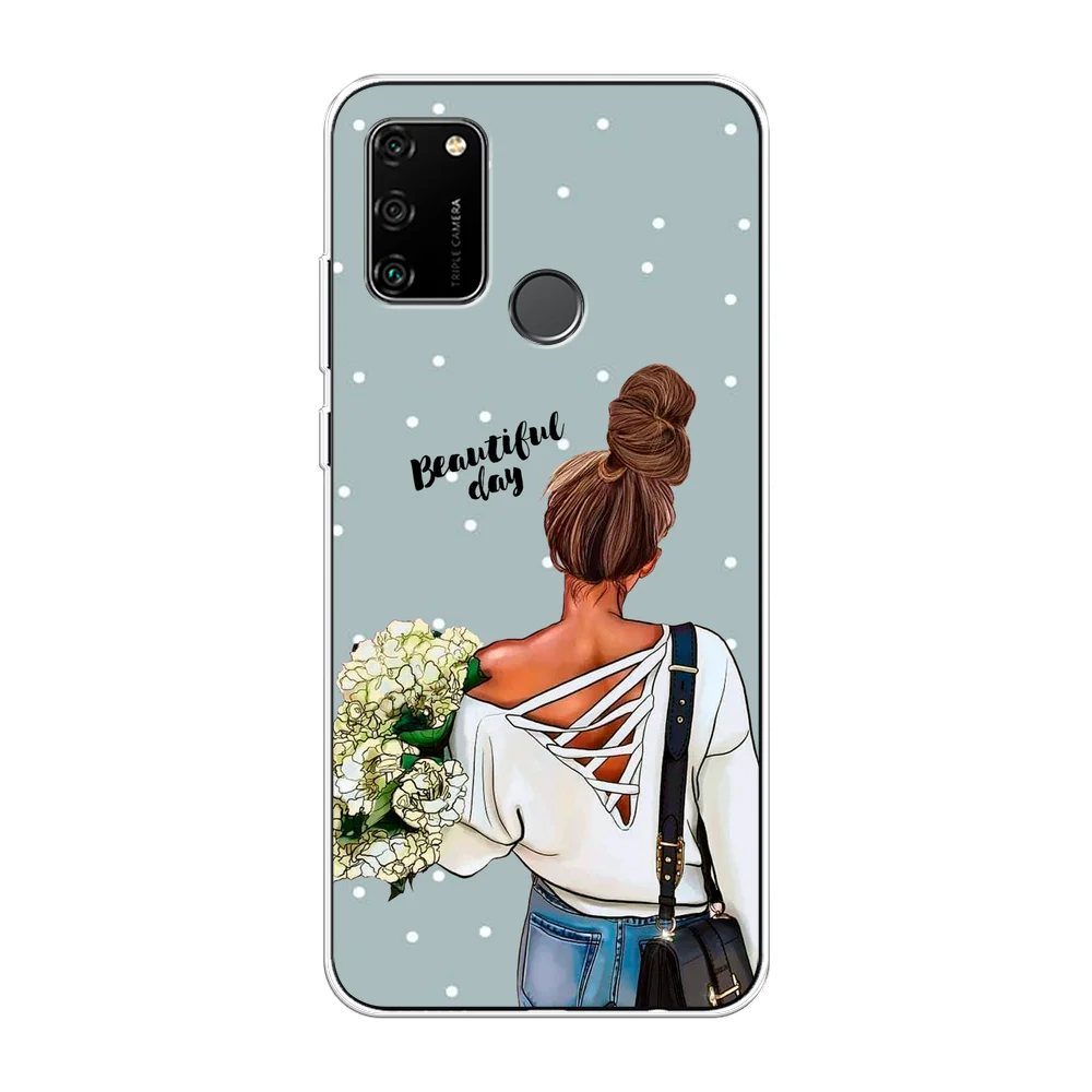 Тёмно-серый силиконовый чехол на Honor 9A / Хонор 9А прозрачный, с рисунком, защита камеры