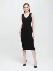 Черный платье с поясом и разрезом снизу