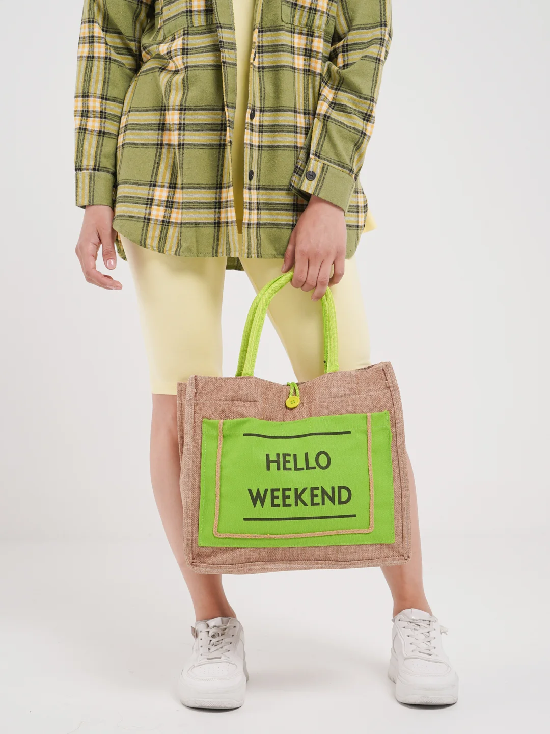 Лайм сумка женская с принтом Hello Weekend под лен