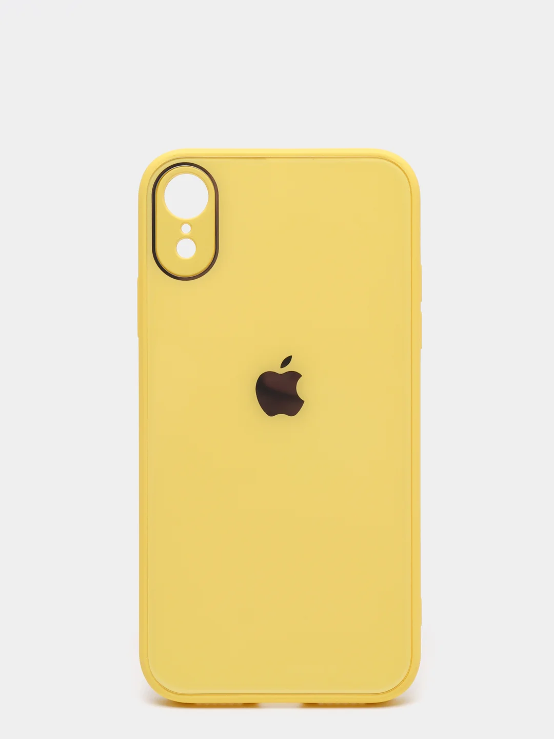 Желтый чехол для iPhone Xr/ 11/ 12/ mini/ Pro/ ProMax, силиконовый со стеклянной панелью