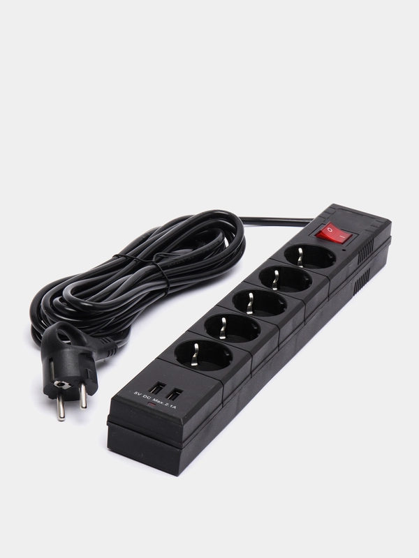 Сетевой фильтр duwi 5 гнезд с заземл. ПВС 3*0,75 5м, 10А/2,2кВт   2USB черный 32589 5