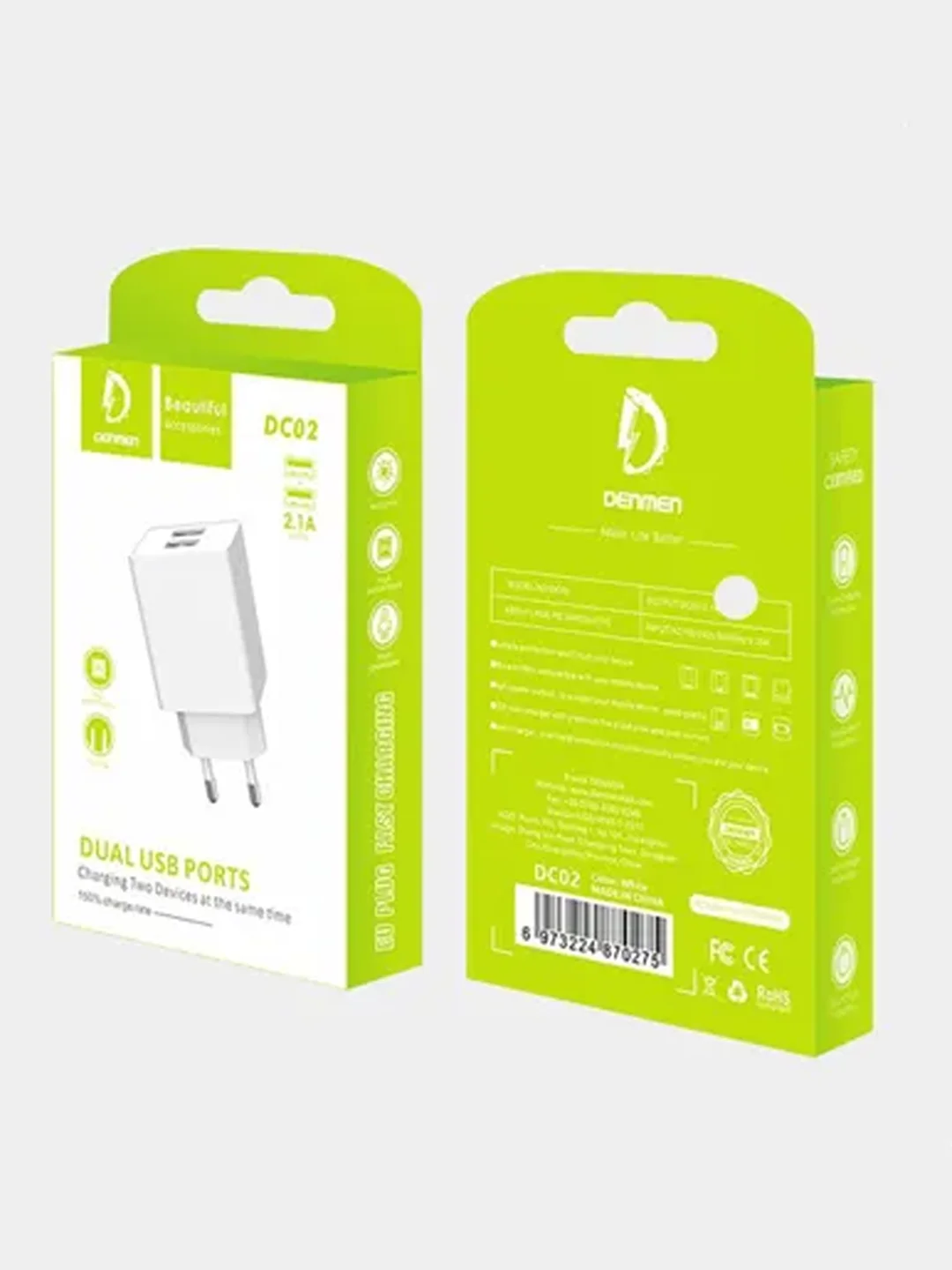 Сетевое зарядное устройство Denmen DC02/05, 2 USB, 5V