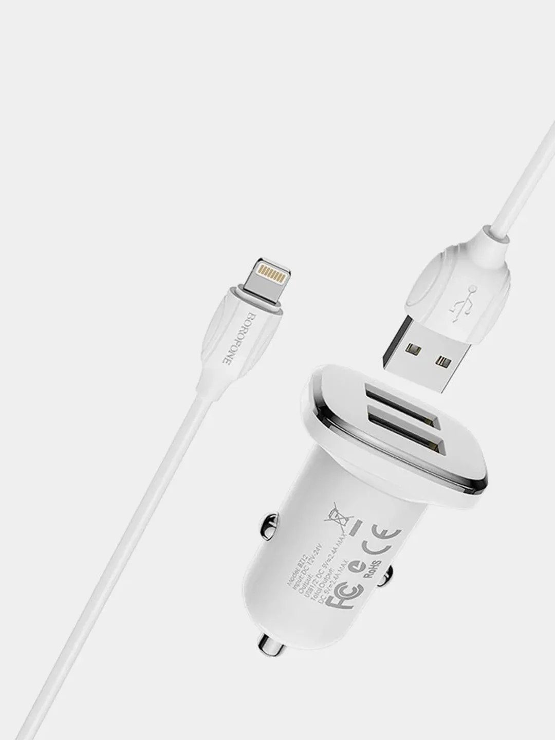 Автомобильное зарядное устройство Borofone BZ12, 2хUSB, 2.4А + кабель Lightning для iPhone