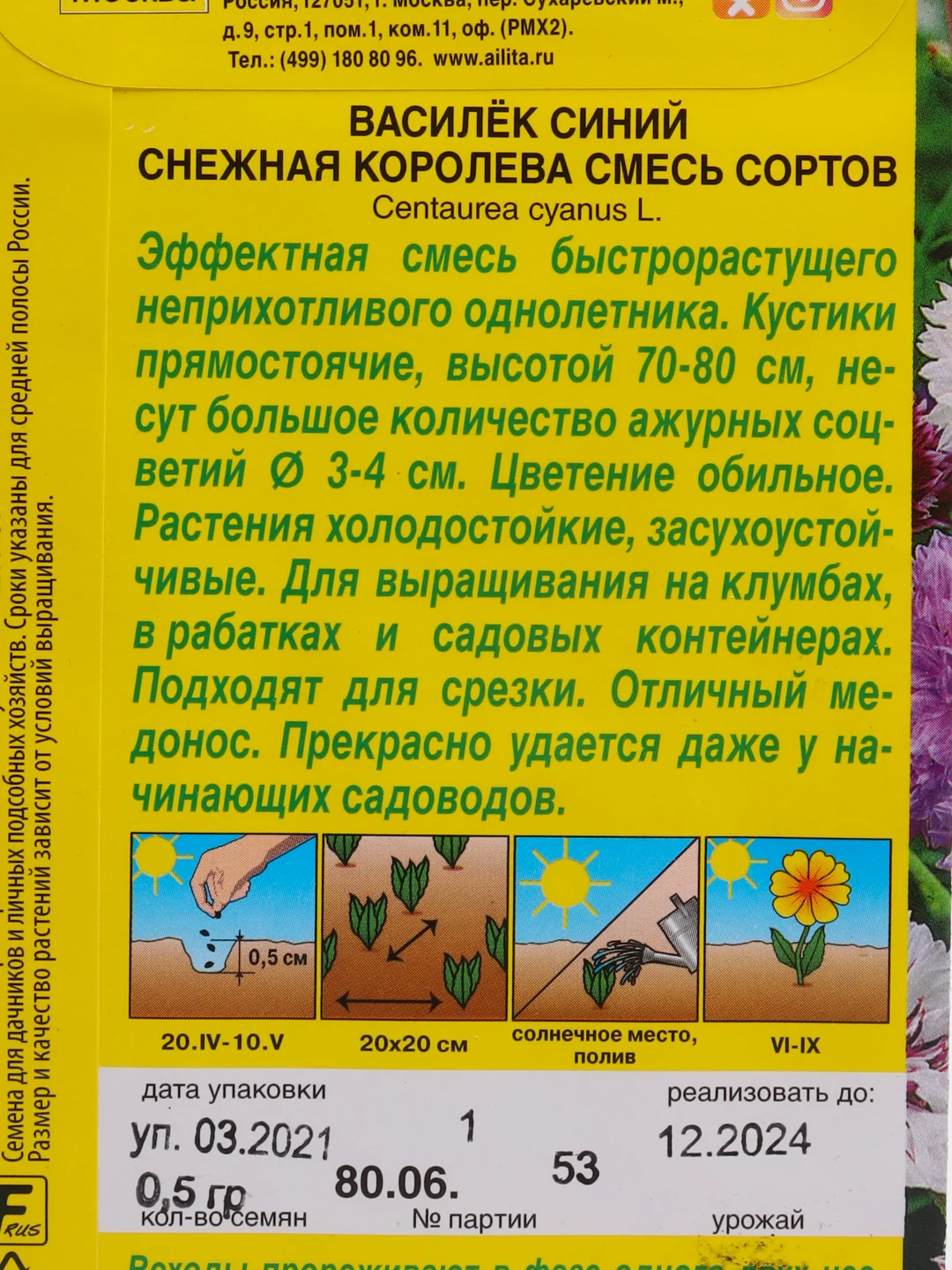 Семена цветов Василек "Снежная королева", смесь окрасок, 0.5 г