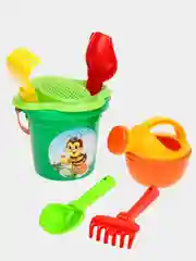 Желтый набор для игры в песочнице: совок, грабли, ведро, ситечко