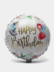 Шарик фольгированный круглый с надписью "Happy Birthday", фея