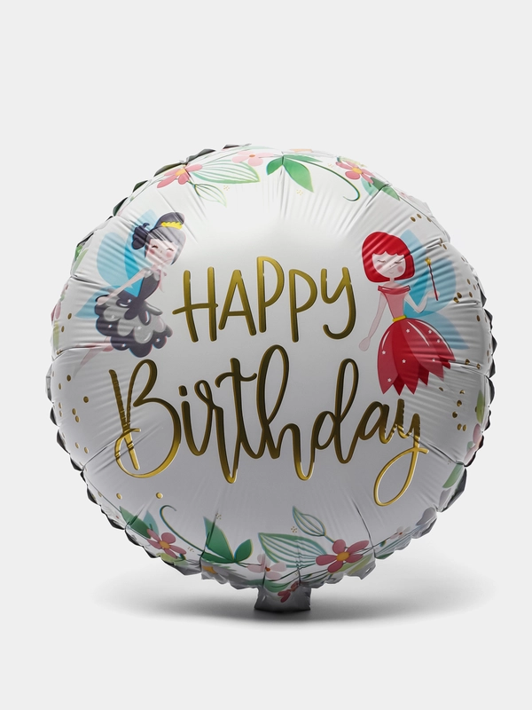 Шарик фольгированный круглый с надписью "Happy Birthday", фея