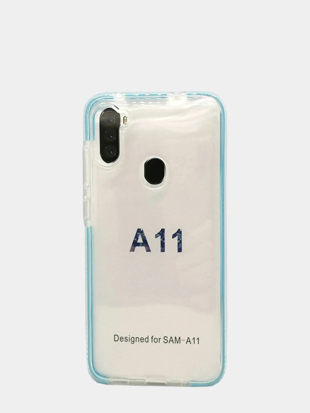 Голубой чехол силиконовый Samsung A11, прозрачный, с цветной вставкой
