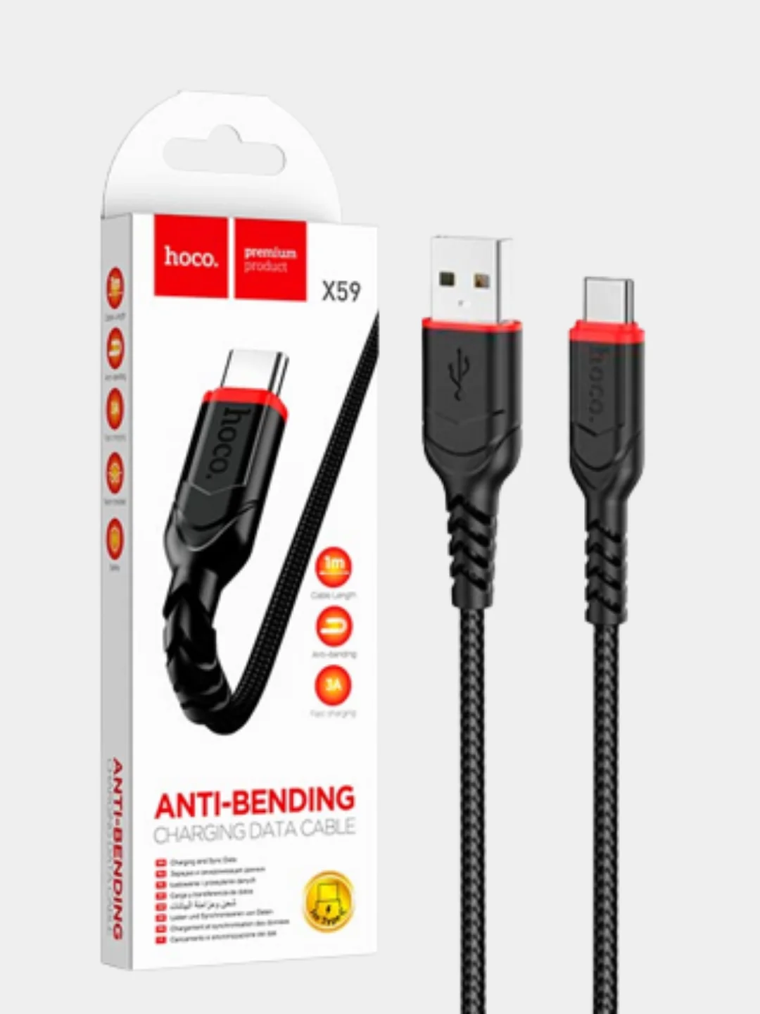 Черный usb-кабель HOCO X59 для зарядки и передачи данных Lightning/Micro USB/Type-C, 2.4A, 1 м