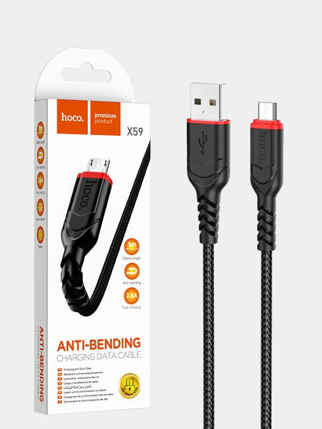 Черный usb-кабель HOCO X59 для зарядки и передачи данных Lightning/Micro USB/Type-C, 2.4A, 1 м