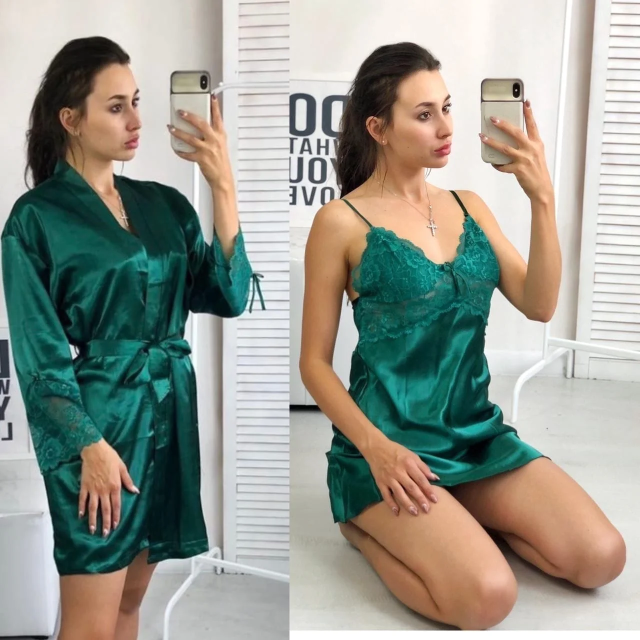 Тёмно-зелёный женский домашний сексуальный халат с сорочкой