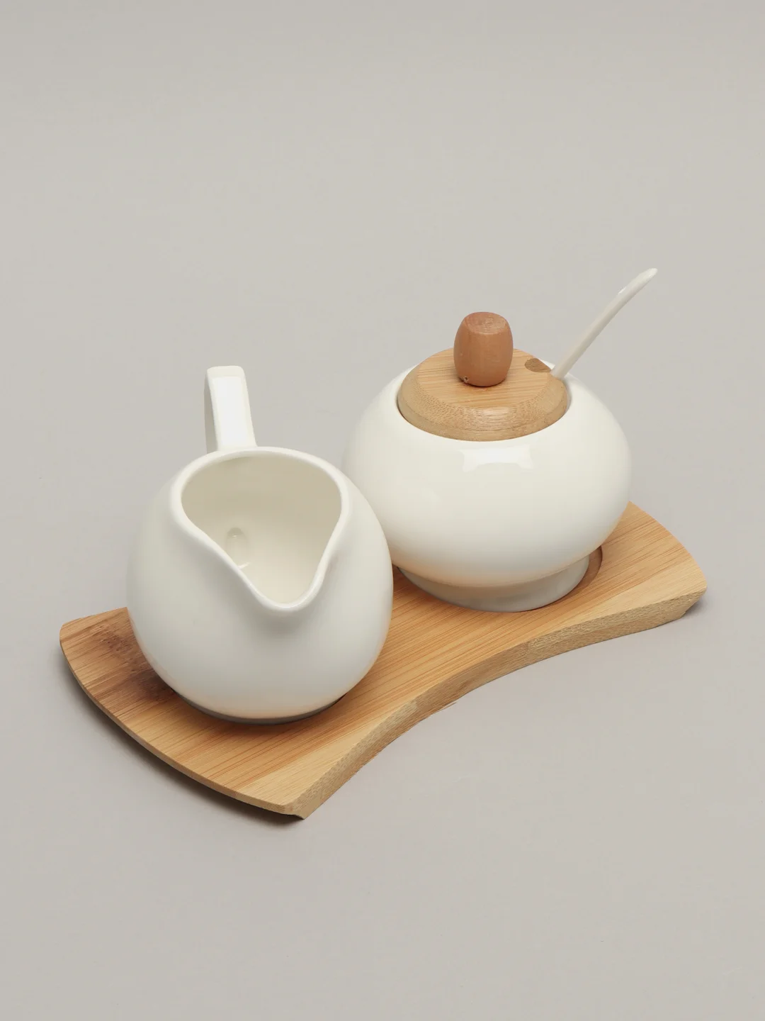 Сахарница с ложкой + молочник "Naturel", на бамбуковой подставке, 20*11.5*10 см