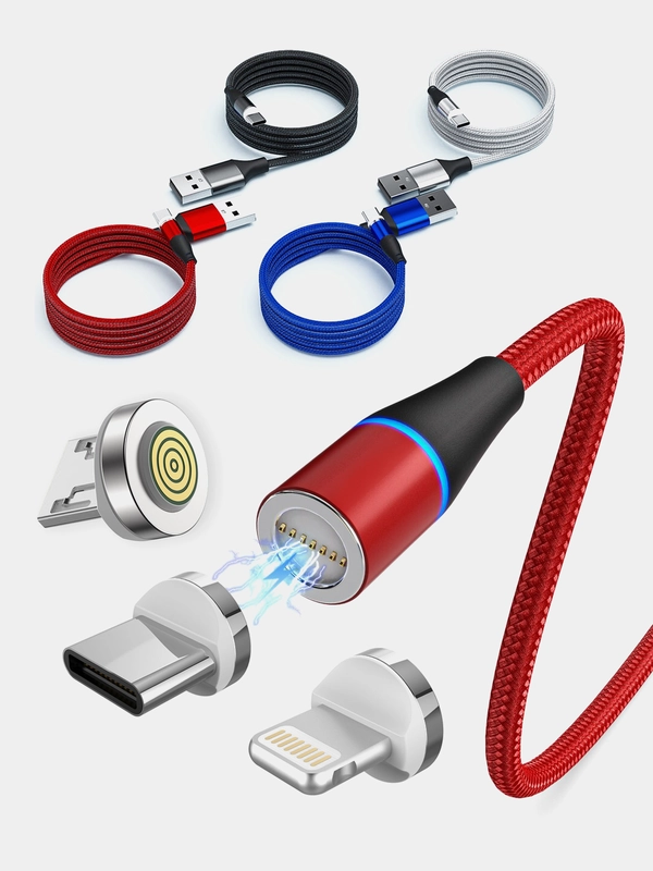 Магнитный кабель на 3 A для передачи данных, коннекторы Type-C, Micro-USB, Lightning