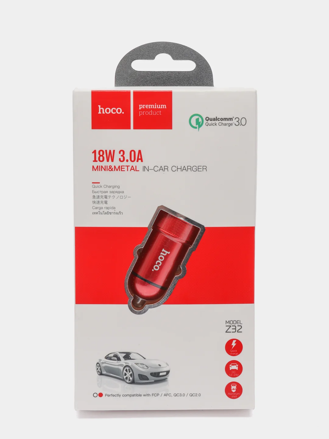 Красный автомобильное зарядное устройство HOCO Z32, быстрая зарядка QC3.0, 1 x USB, 3A, 18W