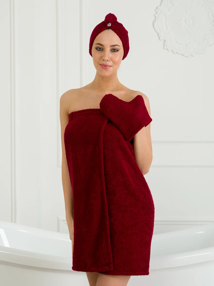 Бордовый набор для сауны женский, махровый, разные цвета, XL-3XL(50-58)