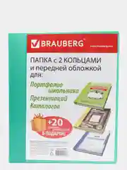 Папка для портфолио и презентаций, 2 кольца, 20 файлов, пластик, зеленая, BRAUBERG, 126677