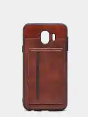 Коричневый силиконовый чехол с картхолдером-подставкой Samsung J418, магнитный, экокожа