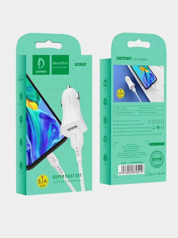 Автомобильное зарядное устройство Denmen DZ06/DZ06V + кабель Micro, 2 USB, 3.1A, 1 м