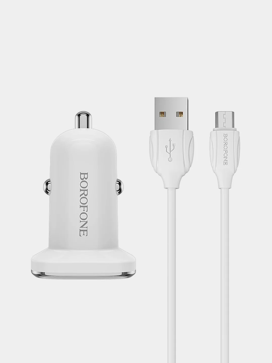 Белый автомобильное зарядное устройство Borofone BZ12A + кабель Micro/Type-C, 1 м